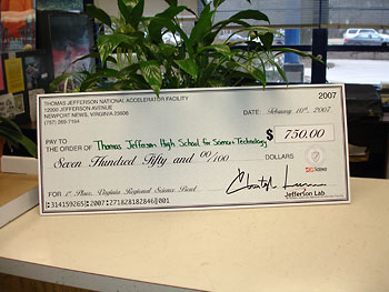 $750 check won at science bowl